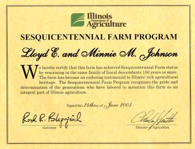 Johnson Sesquicentennial Farm Certificate